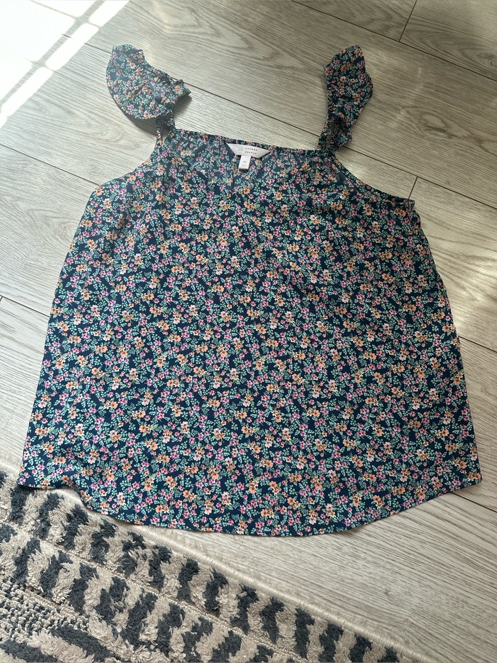 Lauren Conrad M Floral Tie-Shoulder Tank Top - Navy with Pink & Yellow Flowers - Picture 1 of 1
